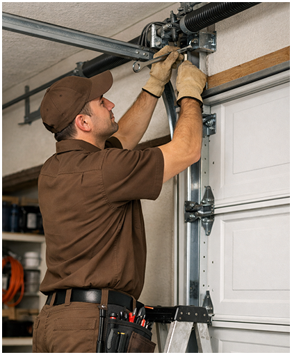 Technician repairing garage door system